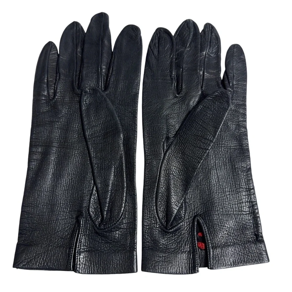 Womens Vintage Leather Gloves with Red Embroidered Accent Unlined